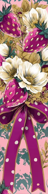 Free strawberry bookmark featuring a magenta ribbon and magenta strawberries